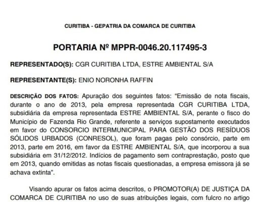 ESTRE AMBIENTAL S.A. SOFRE INVESTIGAÇÃO DO GEPATRIA DO MP-PR HÁ 963 DIAS PELA EMISSÃO DE 286 NOTAS FISCAIS FALSAS NO PARANÁ