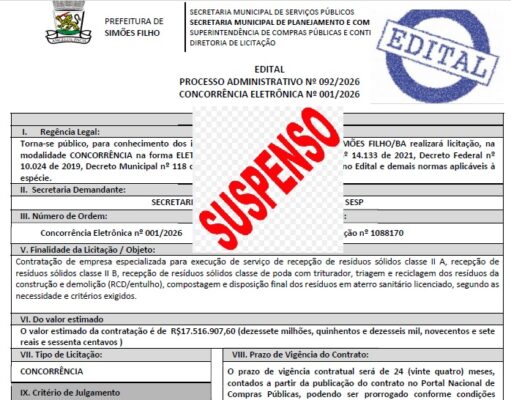 EDITAL DA LICITAÇÃO DO LIXO DE SIMÕES FILHO ABRIU E 24hs APÓS FOI SUSPENSO NA DATA DO INÍCIO DO RECEBIMENTO DAS PROPOSTAS
